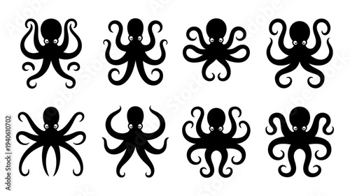 A set of stylized black octopus vector silhouettes featuring eight different marine cephalopod designs.