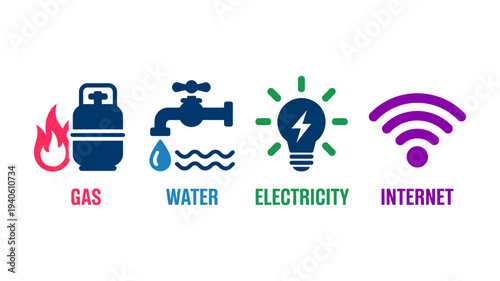 Clearly labeled icons for gas, water, electricity, and internet services with descriptive text beneath.