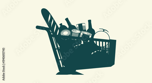 Shopping Cart Filled with Groceries Baguette Bottles and Canned Goods Silhouette Vector Illustration