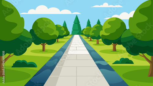 A park pathway with trees and green grass