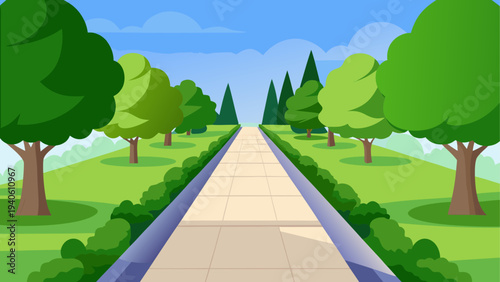 Pathway through a park with green trees