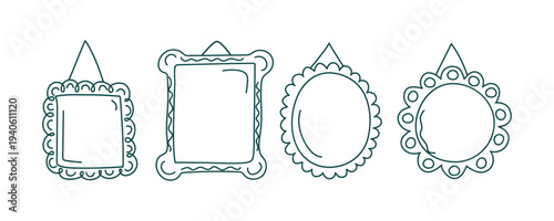 Simple frame, linear icons. A set of round and vertical blank templates for text. Drawings and doodles. Frames for congratulation or wedding backgrounds, layouts with space for text and photos.