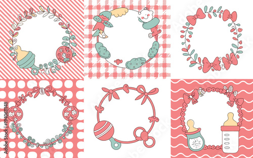 Cute Baby Shower Frames with Bottles, Rattles and Ribbons