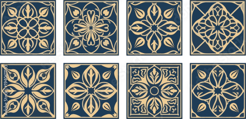 Set of luxury Islamic square patterns with traditional Arabic floral and geometric motifs for tile design.