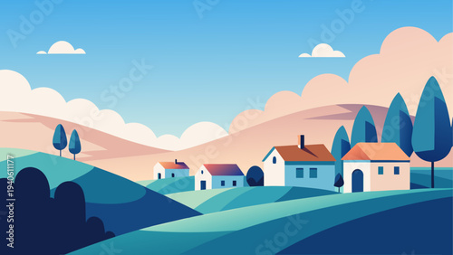 Illustration of houses on rolling hills