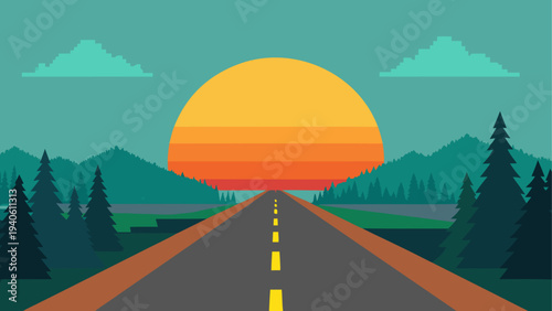 Road leading to the sunset with trees view