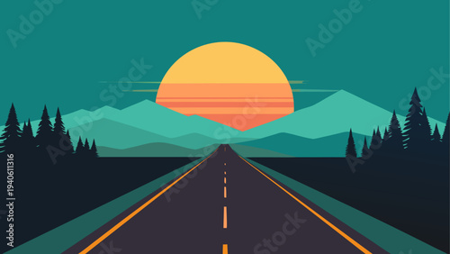 Road leading to the sunset over mountains