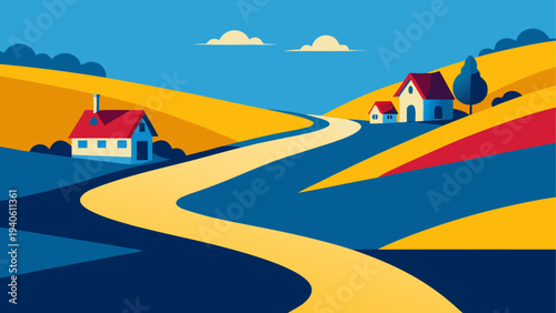 Houses landscape road and rolling hills art