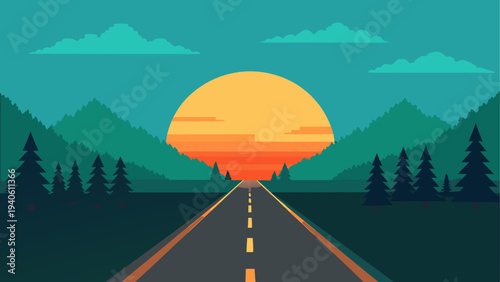 Road to sunset between mountains and trees