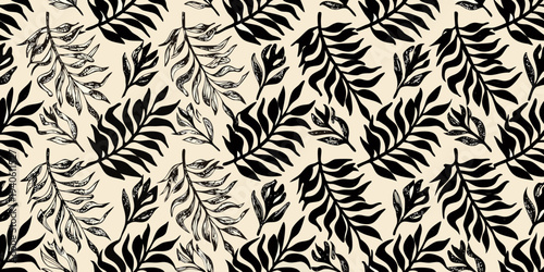 Elegant black and cream botanical illustration with repeating leaf patterns