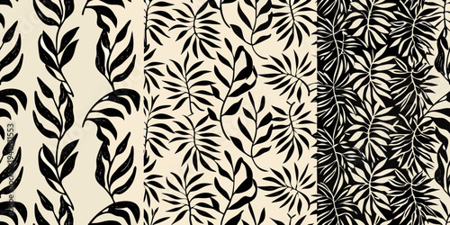 Elegant black and cream botanical pattern with elongated leaf shapes
