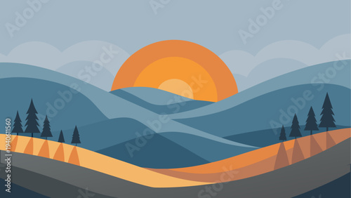 Landscape with sun and hills illustration