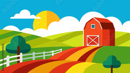 Illustration of a farm with barn and sun