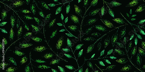 Dark background with a repeating pattern of vibrant green leaves and branches