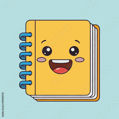 Cheerful Yellow Spiral Notebook Illustration, Cute Cartoon Character with Happy Face. Education, Study, School Supplies.