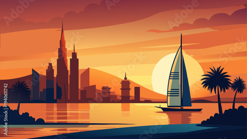 Cityscape and sailboat at sunset landscape
