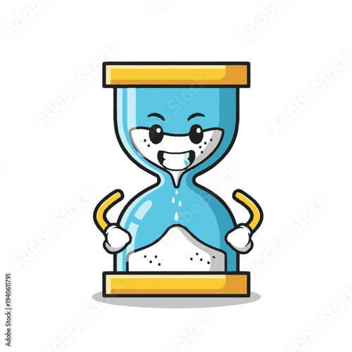 Mischievous Cartoon Blue Hourglass Character Illustration. Grinning Face with Flowing Sand, Time Passing Concept.