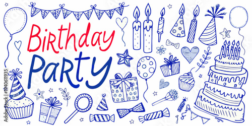 Hand drawn birthday party illustration with balloons candles and celebratory elements