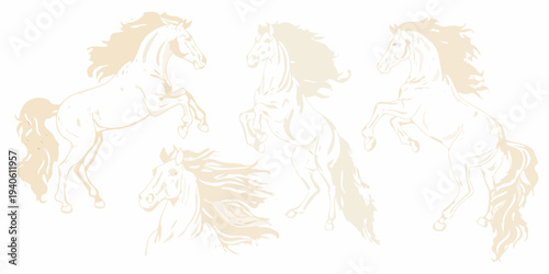 Elegant horses in various poses a minimalist sketched illustration