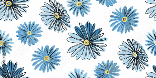 A repeating pattern of hand drawn blue forget me not style flowers