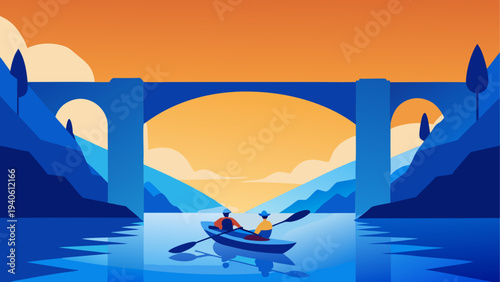 People kayaking under a bridge at sunset
