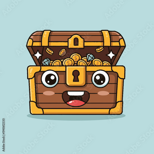 Cute cartoon treasure chest character filled with golden coins and sparkling diamonds, representing wealth and success