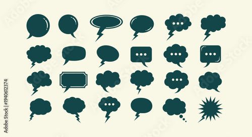 Collection of flat comic speech bubble icons and think clouds isolated on a light beige background.