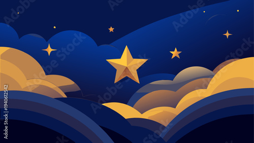 Golden stars and clouds in the night sky