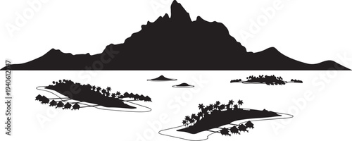 Tropical Bora Bora island resort vector with water bungalows and mountain silhouette