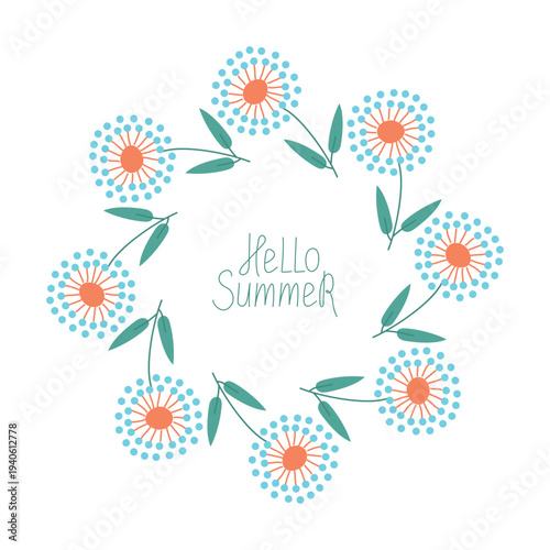 Frame, banner with flowers. Dandelions. Hello summer, slogan. Hand lettering. Floral wreath, flowers, leaves. Spring, summer background. Poster template, invitation, postcard.