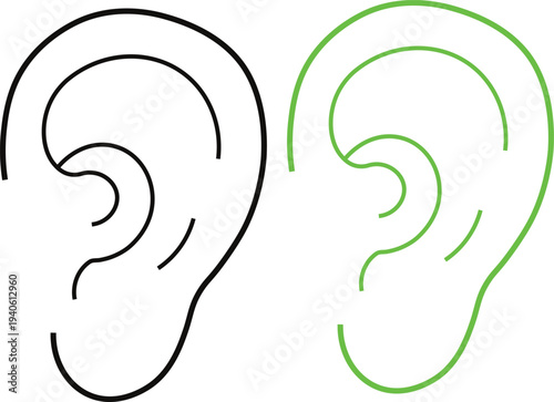 Human ears in black and green outline on white background for medical or hearing concepts  simple line drawings