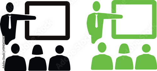 Stylized people presenting on whiteboard in front of audience in black and green  business presentation icons