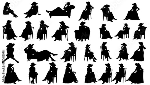 Elegant woman silhouette collection in diverse sitting position styles, clean vector illustration set for design references, poses, fashion, and creative projects.
