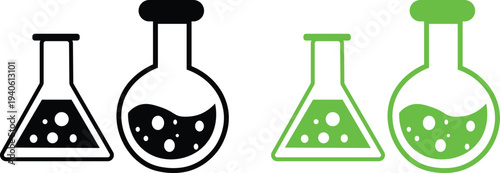 Set of laboratory glassware equipment icons with chemicals inside flasks and bottles in black and green colors for science and research themes