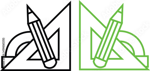 Pencil and ruler geometric shapes icons in black and green color schemes for design and drafting tools  educational materials