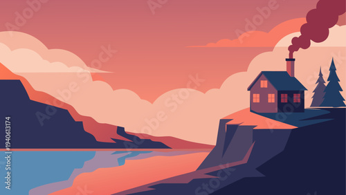 House on cliff with smoke and pink sky view
