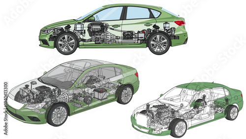 Eco friendly vehicle technology revealed through detailed CAD blueprint, showing inside automotive parts layout for modern sustainable car engineering design.