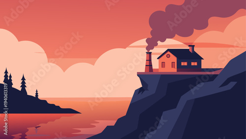 House and factory on cliff at sunset view