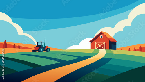 Illustration of a farm with barn and tractor