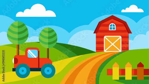 Cartoon farm scene with tractor and barn