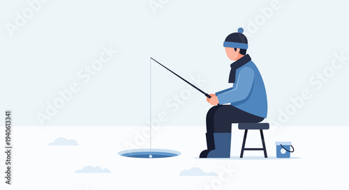 Man ice fishing on a frozen lake during winter, patiently waiting for a catch