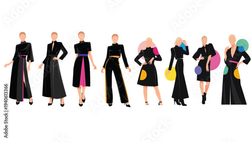 Elegant fashion style vector illustration showcasing beautiful woman models in stylish outfits performing diverse poses for modern clothing design collection.