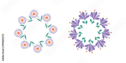 Frames and banners with flowers, plants, and leaves. Set of floral wreaths. Spring and summer backgrounds. Poster templates, invitations, and postcards.
