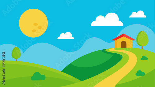 Cartoon landscape with house and sunny sky
