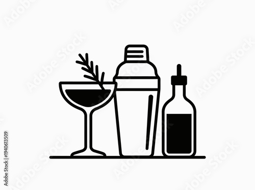 Cocktail Glass Shaker and Bottle Illustration on Bar Counter Vector Artwork