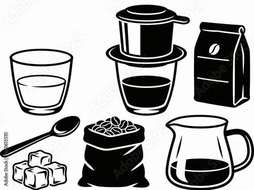Coffee brewing equipment and accessories illustration on a clean white background