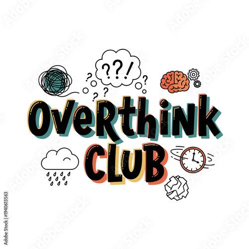 Overthink Club Text Design with Brain and Cloud Graphics.