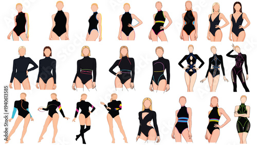 Stylish summer fashion vector featuring confident woman models in sexy bikini swimwear posing beautifully for modern beachwear collection illustration design.