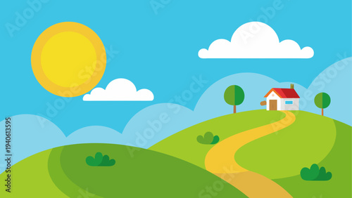 Cartoon landscape with house and sunny sky
