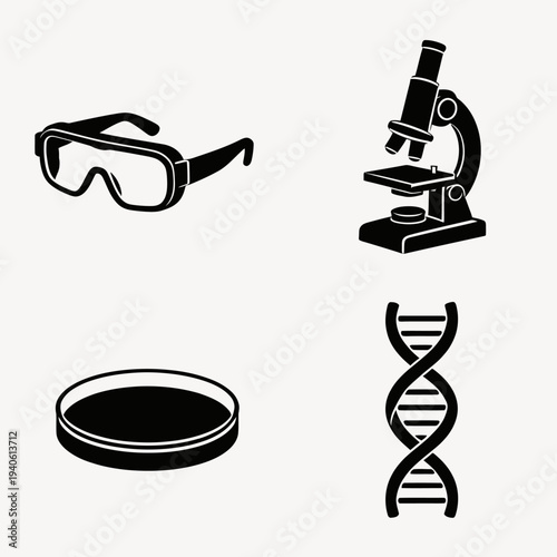 Scientific Illustration Featuring Microscope, Goggles, DNA, and Petri Dish in Laboratory Setting